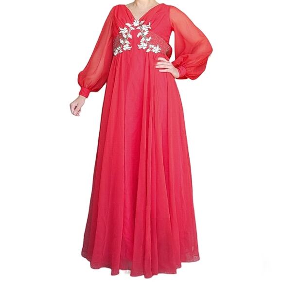 Vintage Mike Benet Formals 70s 60s Red Sheer Fairy Maxi Beaded Evening Dress 2 - Picture 2 of 16